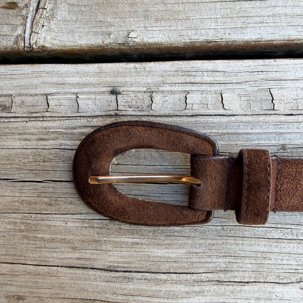 Pig Suede Leather Belt Womens Large Dark Brown Gold Buckle Classic Boho Western - Picture 5 of 15